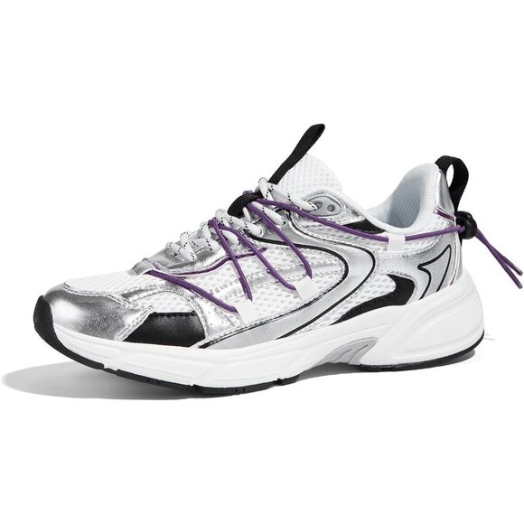 Lucky Step Shoes - Lucky Step Women's Silver Purple Walking Shoes Running Platform Mesh Casual